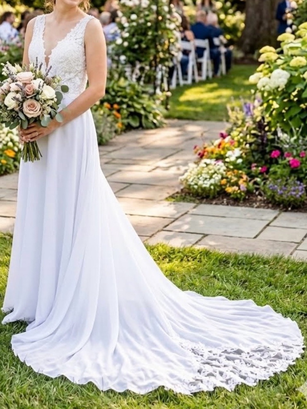 Elegant Lace Bodice Wedding Dress in White